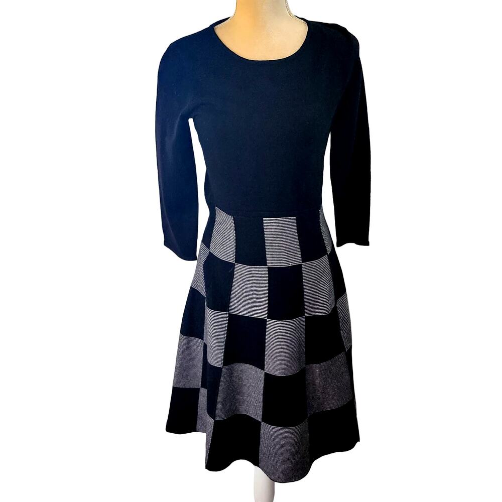 Tahari Checkered Fit & Flare Retro Patchwork Sweater Dress Size Small
